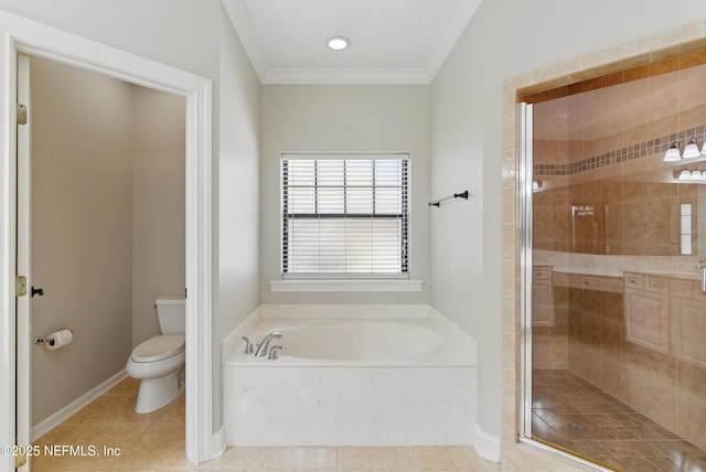 bathroom featuring tile patterned flooring, a shower stall, toilet, and a bath