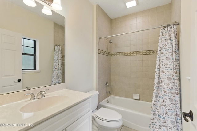 bathroom with vanity, toilet, and shower / tub combo with curtain