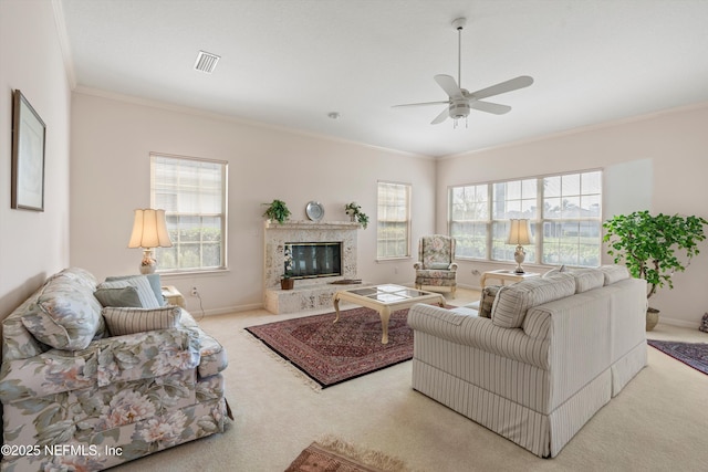523 Lakeway Dr, Saint Augustine, FL 32080 - living room with carpet flooring, ceiling fan, ornamental molding, and a wealth of natural light