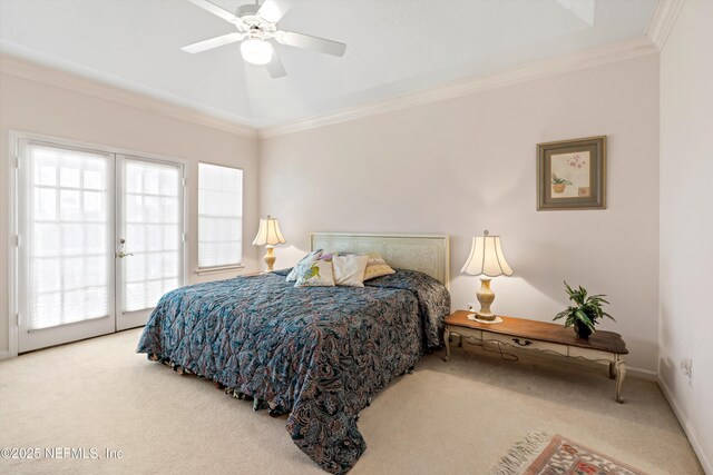 523 Lakeway Dr, Saint Augustine, FL 32080 - carpeted bedroom featuring baseboards, ceiling fan, ornamental molding, lofted ceiling, and access to exterior