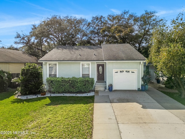 single story home with stucco siding, driveway, a front lawn, an attached garage, and a shingled roof