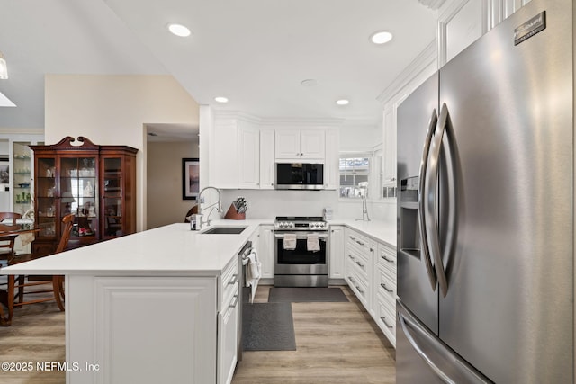 kitchen with light wood finished floors, appliances with stainless steel finishes, light countertops, and a sink