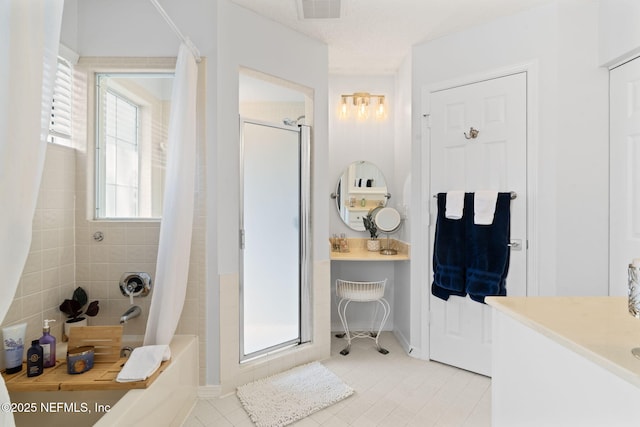 full bath featuring visible vents, baseboards, shower / tub combo with curtain, tile patterned floors, and vanity