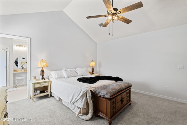 bedroom with baseboards, visible vents, ceiling fan, vaulted ceiling, and carpet flooring