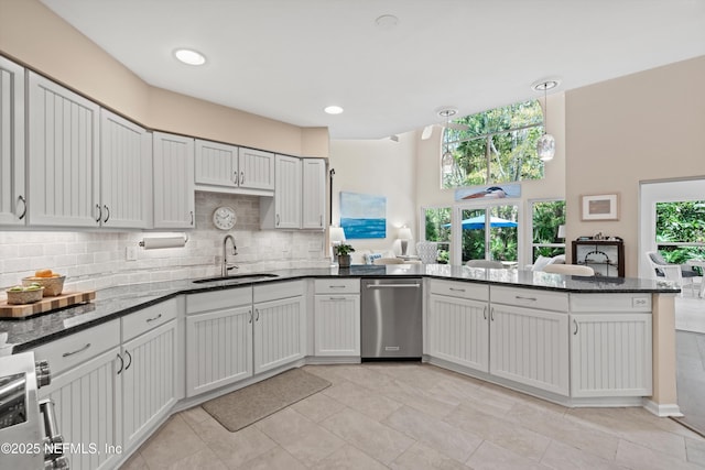 kitchen featuring a sink, backsplash, stainless steel appliances, dark stone counters, and a peninsula