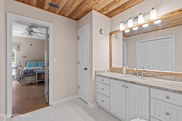 ensuite bathroom with visible vents, a closet, connected bathroom, wooden ceiling, and ceiling fan