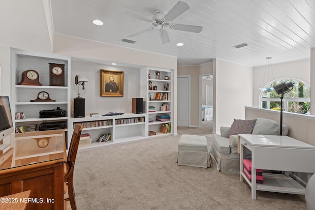 carpeted living room featuring visible vents, built in features, recessed lighting, wood ceiling, and ceiling fan