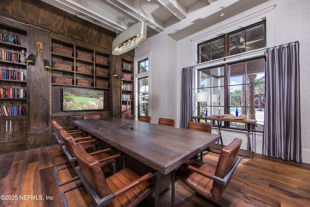 dining space with dark wood-type flooring