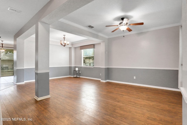 1601 Majestic View Ln, Fleming Island, FL 32003 - empty room with wood-type flooring, a ceiling fan, a chandelier, and crown molding