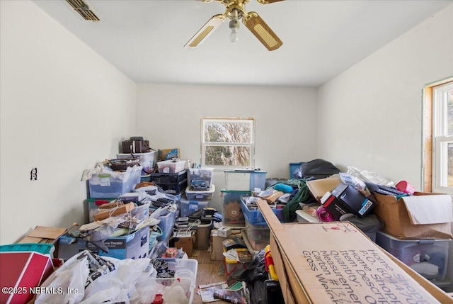 misc room featuring a wealth of natural light, wood finished floors, and ceiling fan