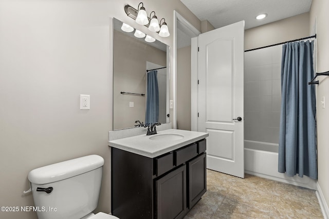 bathroom with shower / tub combo with curtain, a textured ceiling, toilet, and vanity