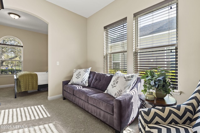 living room featuring carpet, arched walkways, and baseboards