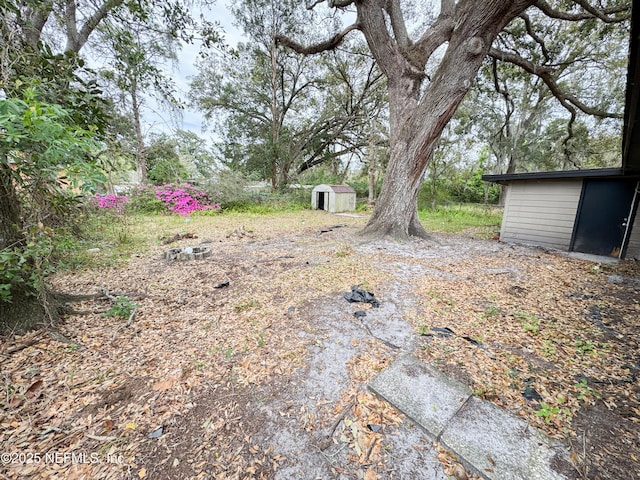 view of yard with a storage shed and an outdoor structure