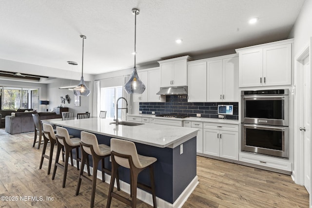 kitchen featuring stainless steel appliances, decorative backsplash, a sink, under cabinet range hood, and open floor plan