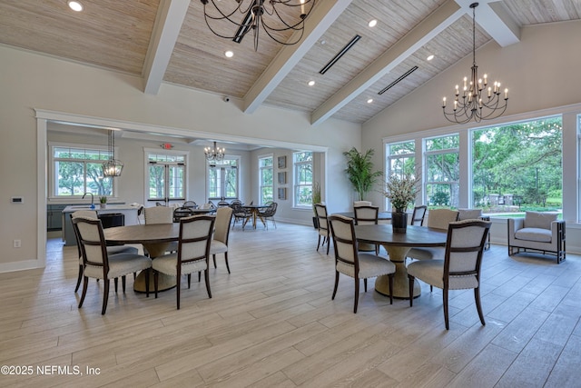 dining room featuring beamed ceiling, light wood-type flooring, high vaulted ceiling, and a chandelier