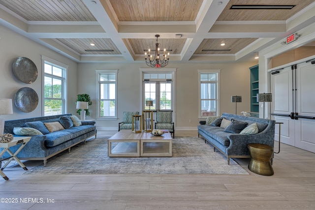 living room featuring wooden ceiling, beamed ceiling, coffered ceiling, and light wood finished floors