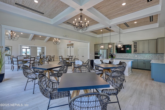 dining area featuring beam ceiling, a high ceiling, wood ceiling, a notable chandelier, and light wood-type flooring