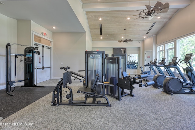 gym with wood ceiling, recessed lighting, high vaulted ceiling, and a ceiling fan