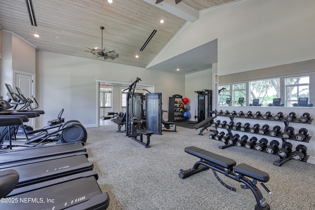 workout area with recessed lighting, baseboards, high vaulted ceiling, and wooden ceiling