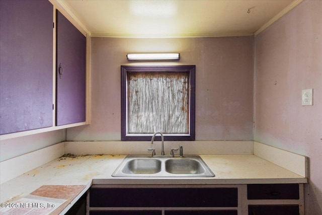 kitchen with a sink, crown molding, and light countertops