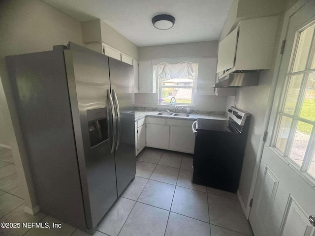 kitchen featuring a sink, white cabinets, under cabinet range hood, and stainless steel appliances