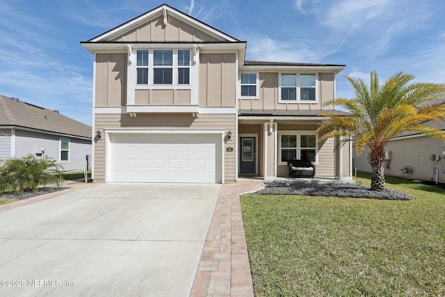 view of front facade with a front lawn, board and batten siding, concrete driveway, and a garage