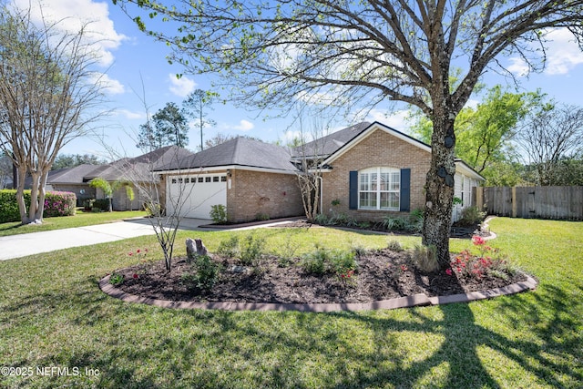 single story home with a front lawn, driveway, fence, a garage, and brick siding