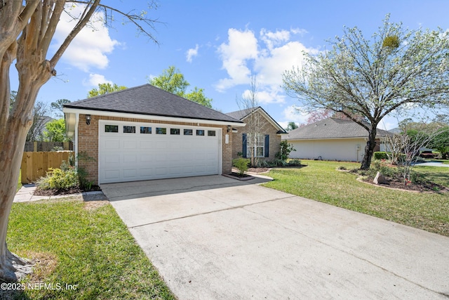 single story home with fence, driveway, a front lawn, a garage, and brick siding