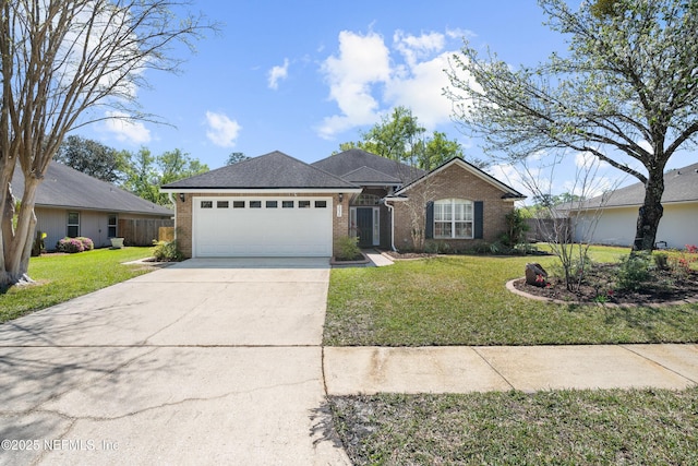 ranch-style home featuring a front yard, a garage, brick siding, and driveway