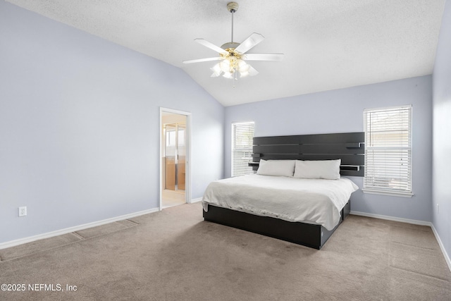 bedroom with baseboards, multiple windows, carpet, and vaulted ceiling