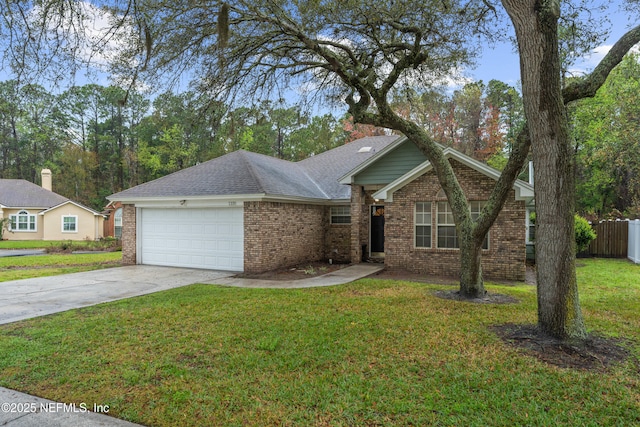 single story home featuring brick siding, a front lawn, fence, a garage, and driveway