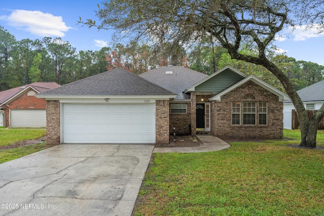 ranch-style house featuring a front lawn, brick siding, a garage, and driveway