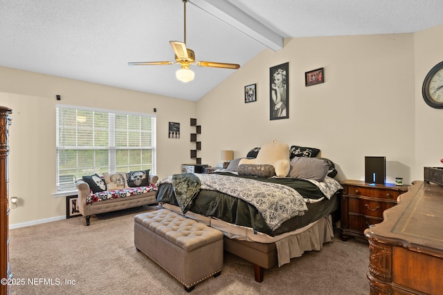 bedroom with baseboards, carpet, lofted ceiling with beams, a textured ceiling, and a ceiling fan