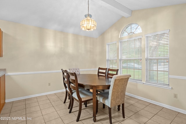 dining room featuring lofted ceiling with beams, light tile patterned floors, baseboards, and a chandelier