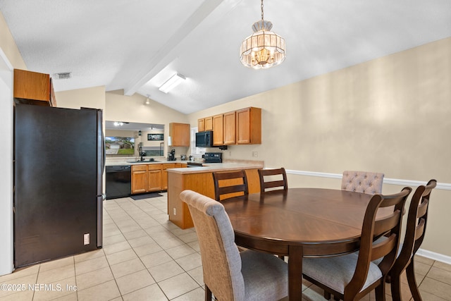 dining space featuring visible vents, light tile patterned flooring, baseboards, a chandelier, and vaulted ceiling with beams