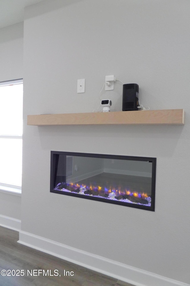 room details with a glass covered fireplace, baseboards, and wood finished floors