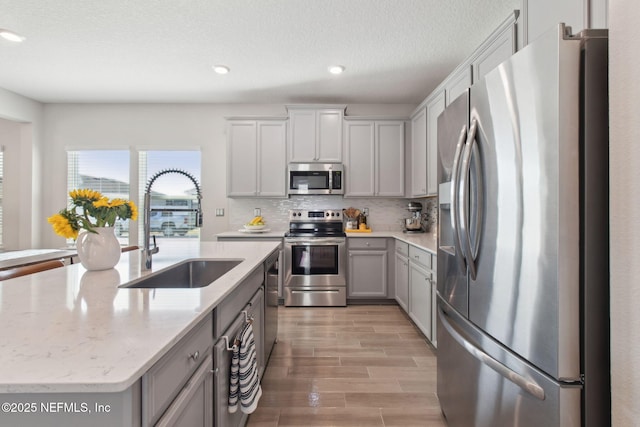 kitchen featuring wood tiled floor, gray cabinets, a sink, stainless steel appliances, and backsplash