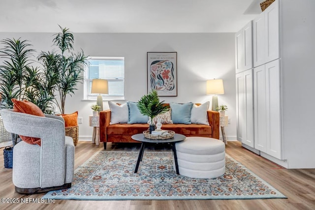 living area featuring baseboards and wood finished floors