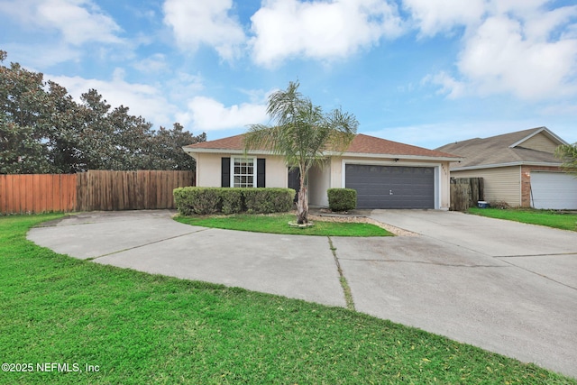 ranch-style house with stucco siding, a front lawn, fence, concrete driveway, and an attached garage