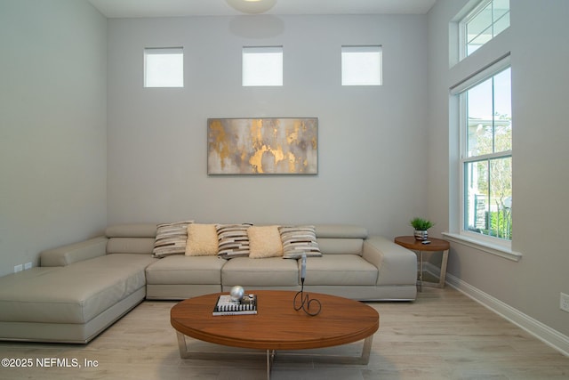 living room with baseboards and wood finished floors