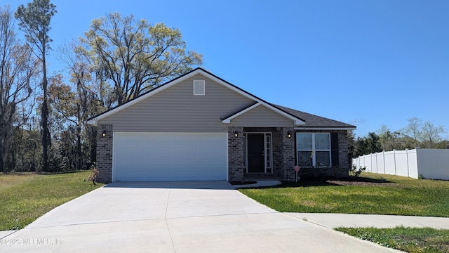 ranch-style house with a front lawn, fence, concrete driveway, a garage, and brick siding