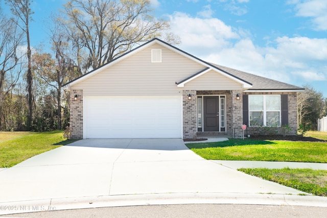 ranch-style house featuring a front yard, brick siding, and driveway