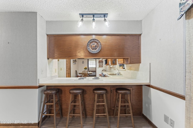 bar featuring track lighting, a textured ceiling, baseboards, and a sink