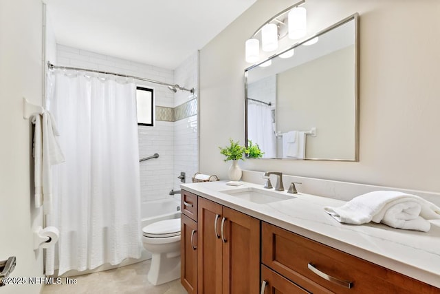 full bath featuring shower / tub combo, toilet, and vanity