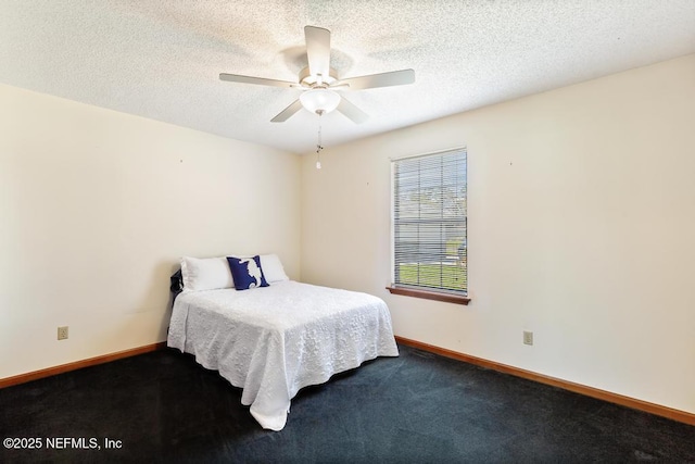 bedroom featuring dark carpet, a textured ceiling, and baseboards