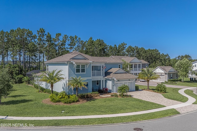 view of front of house with decorative driveway, a balcony, an attached garage, and a front lawn