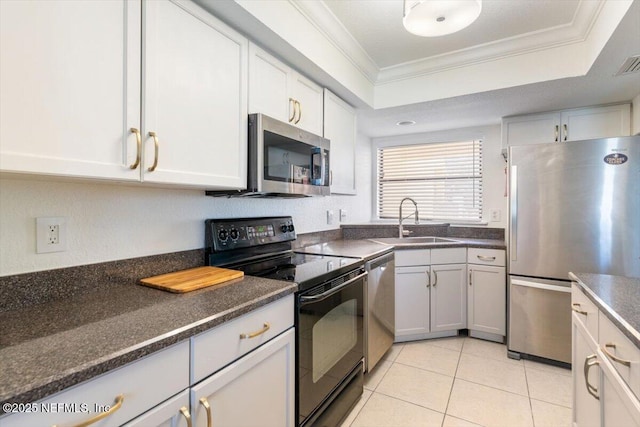 kitchen featuring a sink, stainless steel appliances, a raised ceiling, and ornamental molding