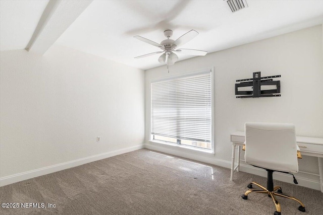 office area featuring a ceiling fan, baseboards, visible vents, carpet floors, and beam ceiling