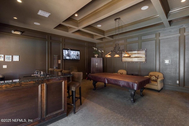 rec room featuring beam ceiling, billiards, coffered ceiling, a decorative wall, and light colored carpet