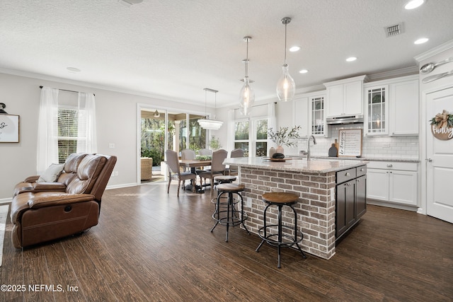 kitchen featuring white cabinetry, backsplash, dark wood-style flooring, and crown molding